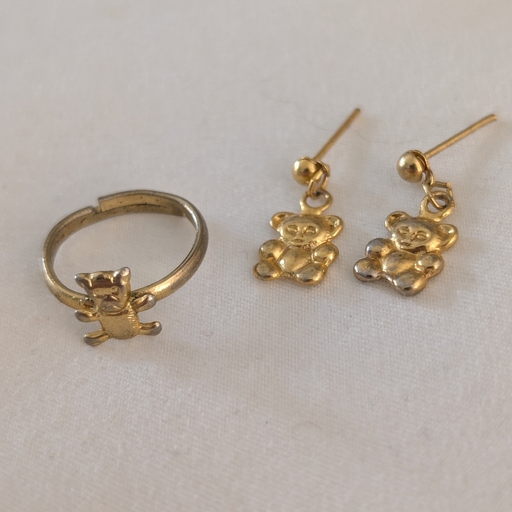 Child's Adjustable Teddy‎ Bear Ring and Earring Set
